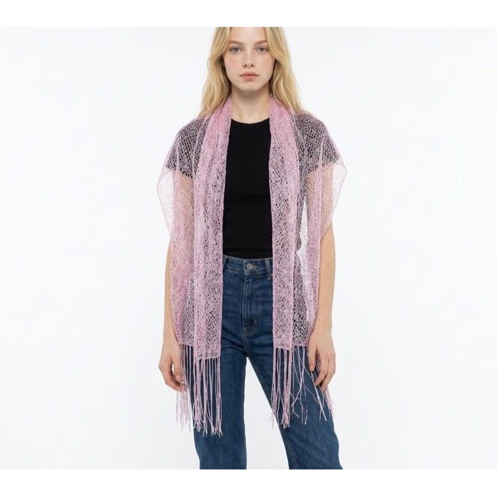 Light Pink Shiny Mesh Shawl Wrap Elegant Evening Stole with Fringe for Party